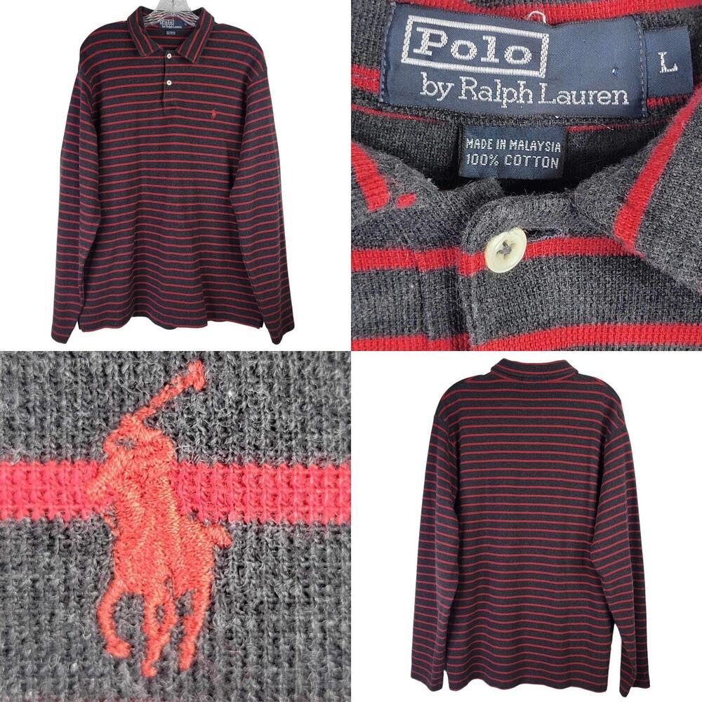 Polo Ralph Lauren Vtg Rugby Mens Large L Red Gray Stripe Ribbed Y2K Cotton